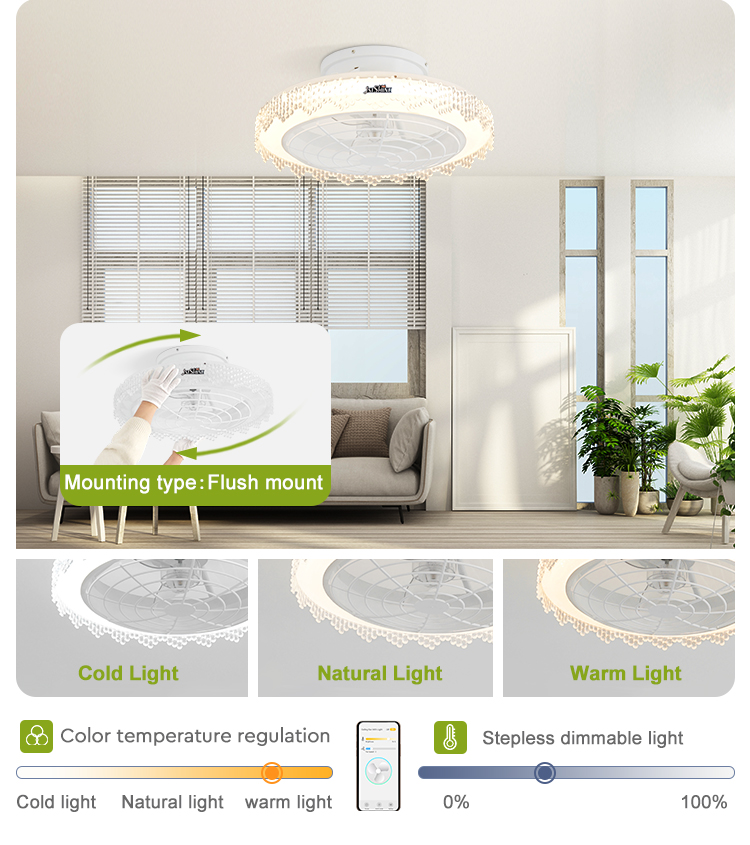 6 Speed Choice ABS Hidden Blades Dimmable LED Ceiling Fan with Easy Remove Lampshade