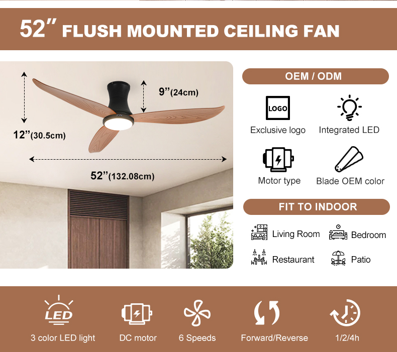 DC Motor LED Ceiling Fan with Remote Control and Low Profile Design 3 ABS Plastic Blades