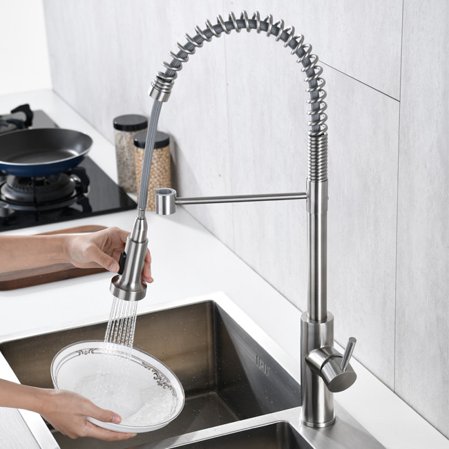 Single Lever Coil Spring High Arc Kitchen Faucet With Sprayer Brushed Nickel