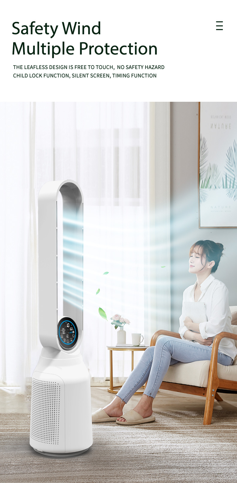 Multifunctional Smart 2 in 1 Home Air Filter Whole house HEPA Filter Leafless Air Purifier Standing Fan Tower Fan