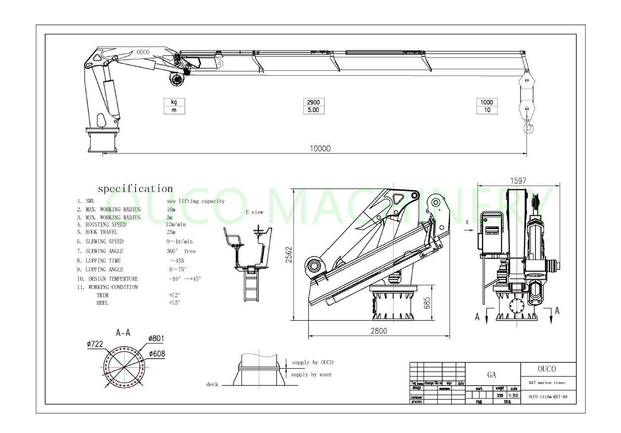 Marine Telescopic Offshore Pedestal Crane Knuckle Silver Boom Hydraulic 0.6T 8M