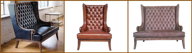 Solid Hand Carved Tufted Antique Leather Armchairs High Wing Back Single Seat