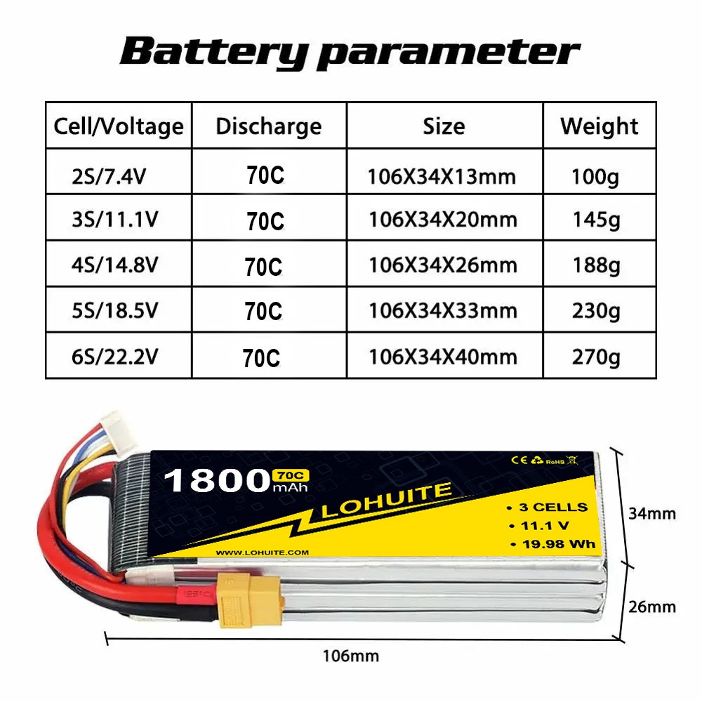 3s 1800mAh 11.1V 70C LiPo Battery XT60 For RC Helicopter Aircraft Quadcopter Cars Airplane