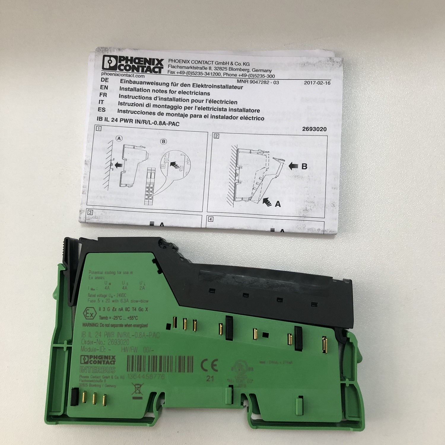 Phoenix IB IL 24 PWR IN/R/L-0.8A-PAC Inline Terminal Block 24 V DC Green Color