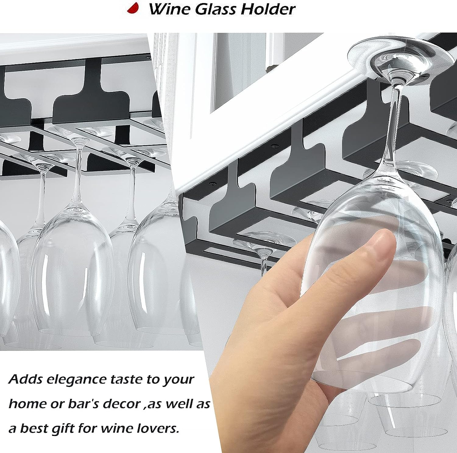 Metal Hanging Wine Glass Holder for Bar Kitchen Under Cabinet Stemware Organizer