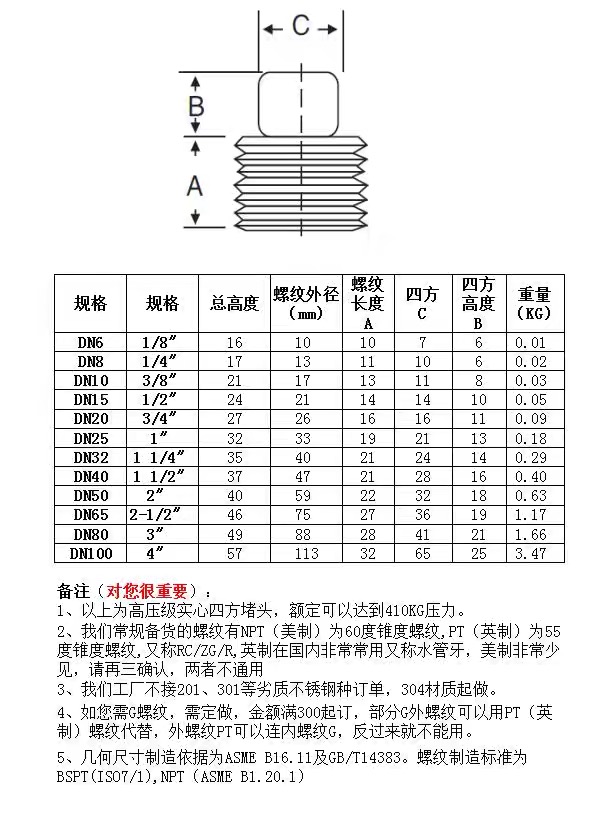 Silver Coated WZ Stainless Steel 304 316 316L High Pressure Forged Square Plug NPT BSPT