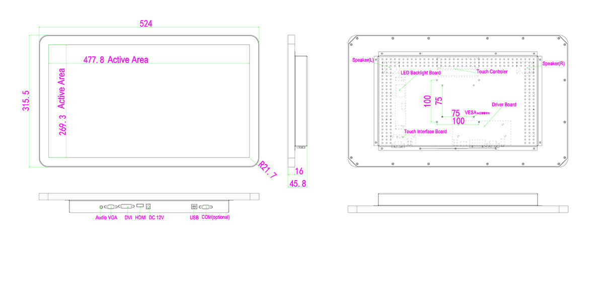 Touch monitor 21.5 Inch wide screen with high resolution