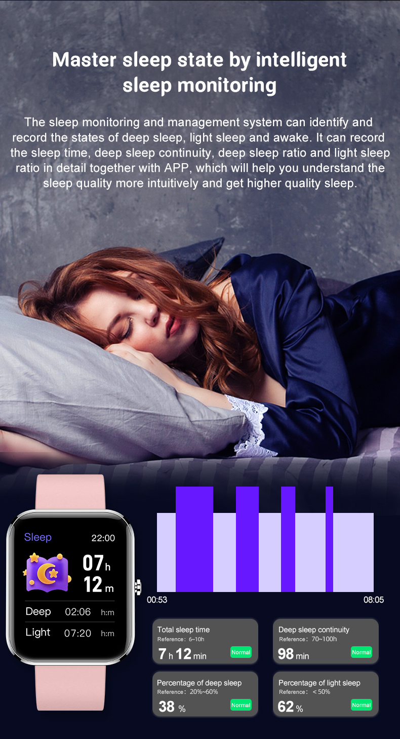 1.69inches Square Smart Watch Alarm Clock Reminder Music Control