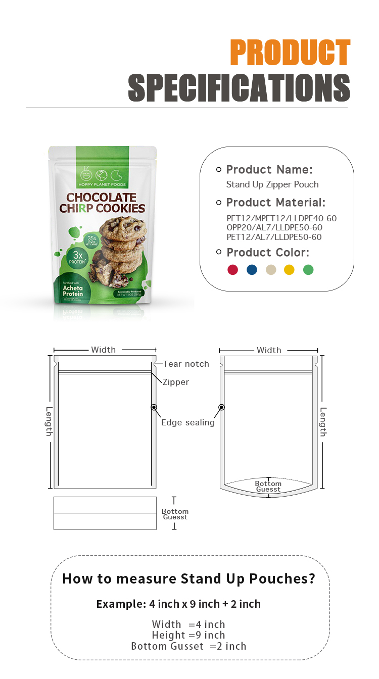 1kg 2kg Zipper Snack Packaging Bags Dry Food Stand Up Pouch Packaging