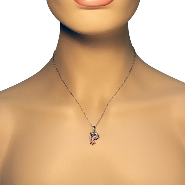 925 Sterling Silver 3D Enamel Two Dolphins Couple Charm Pendant Necklace