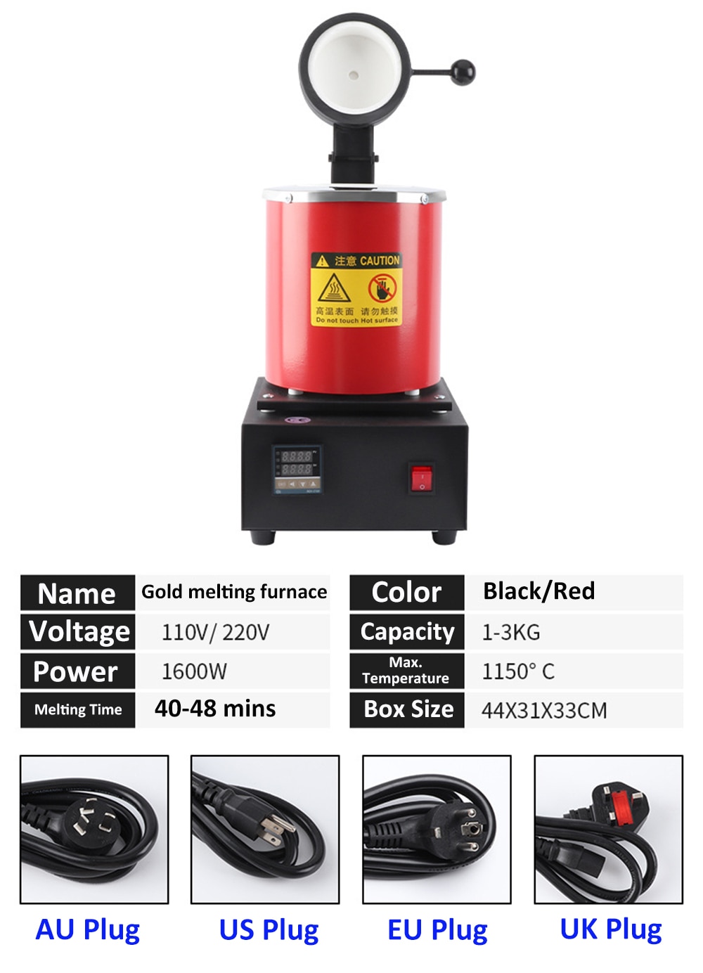 Digital Jewelry Melting Furnace 1400W 2000F With 1 / 2/ 3KG Graphite Crucible