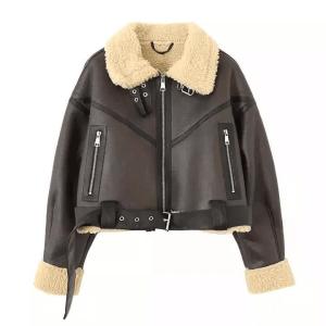 Quality Custom Cropped Leather Jacket Vintage Women′s Motor Jackets Brand Quality Sherpa Warm Bomber Coat for Women Winter wholesale