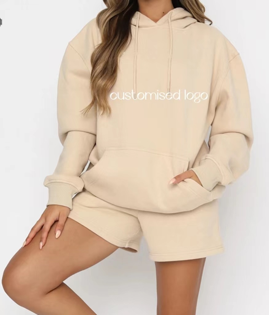 Women Sportswear High Quality Cotton Fleece Custom Women Hoodie with Shorts 2 Piece Set