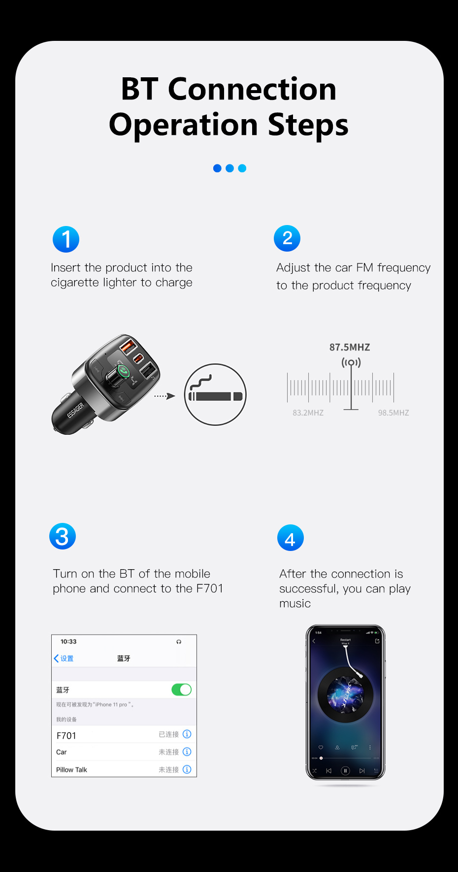 BlueCat FM Blue MP3 Car Charger 50W Fast Charge For Phone USB A USB C U Disk