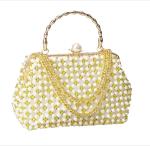 Gold Pearl Beaded Evening Bags Hand Woven with Metal Wrist OEM ODM