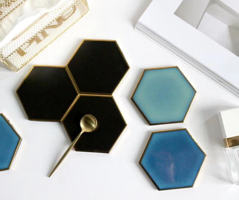 Waterproof Heat-insulated Pad Geometric Ceramic Coasters Luxury Gold Plated for Table