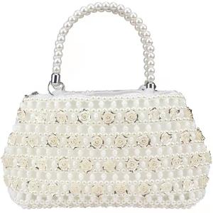 Quality White 6mm Pearl Clutch Handbag Hand Woven Gold Rose shape OEM ODM wholesale