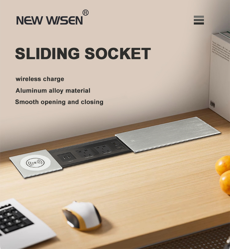 Wireless Charging Sliding Socket Office Desk Power Outlet 110V-250V
