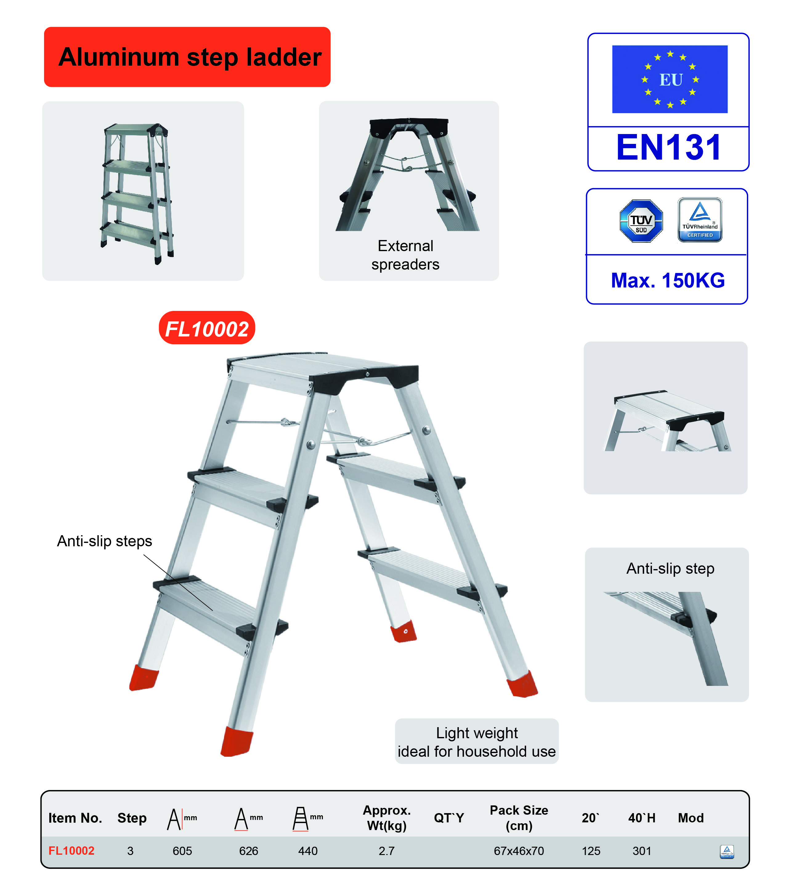 Wide Top Aluminum Platform Step Ladder 2x3 Steps Stable Performance