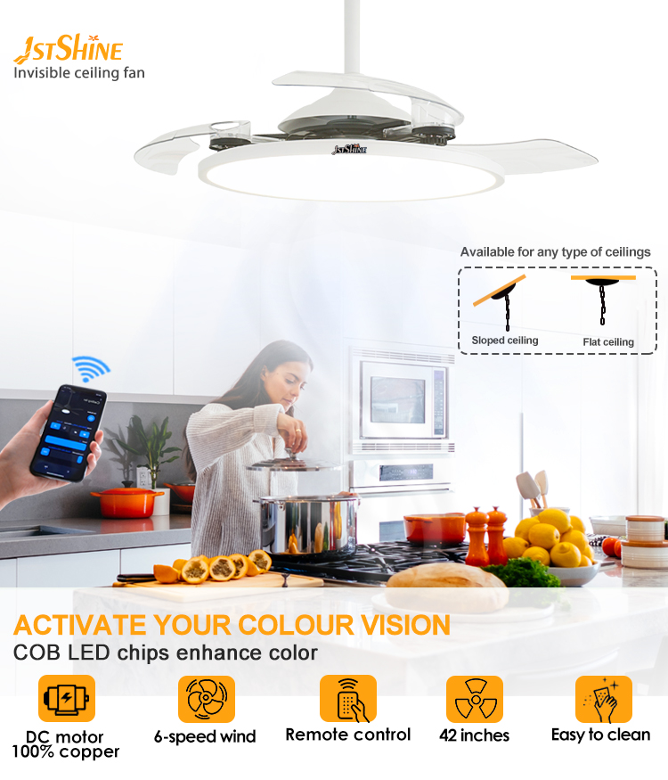 Space Saving Invisible LED Ceiling Fan Light with Retractable Blades in Mordern Style