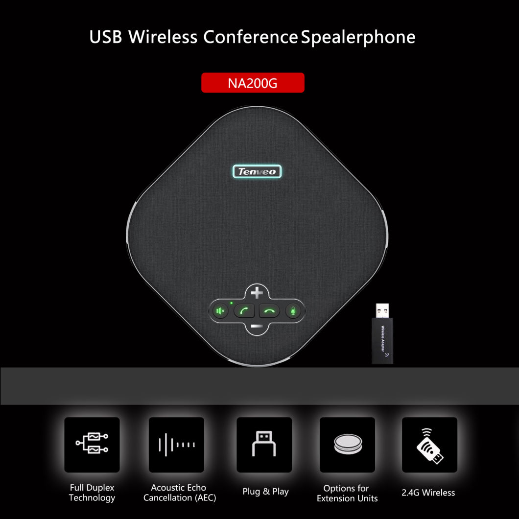 Na200g Wireless Conference Speaker with Dongle Idea for Home Office 360 Degree Voice Pickup 4 Ai Echo&Noise Canceling Microphones USB Speakerphone with Aux out
