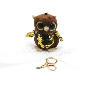 Quality 3D Plush Doll Key Chain Brown Embroidered Owl 10cm Inlaid Round Gold Eyes Beads wholesale