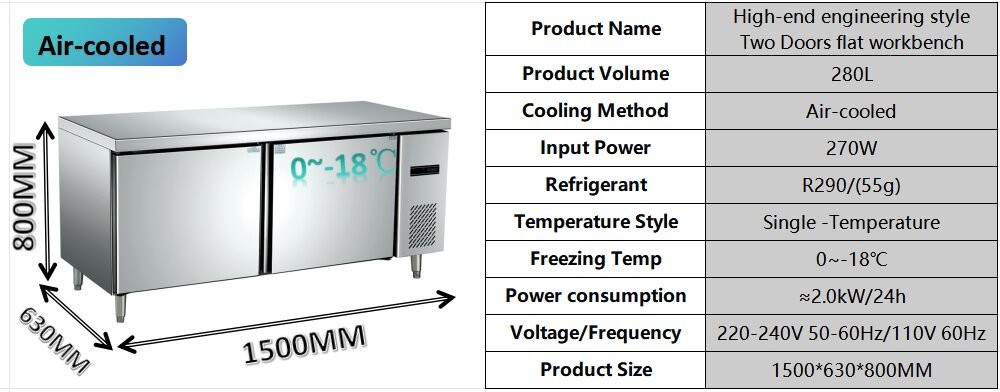 Space Saving 2 Door Commercial Freezer High Efficiency Commercial Kitchen Refrigerator Freezer