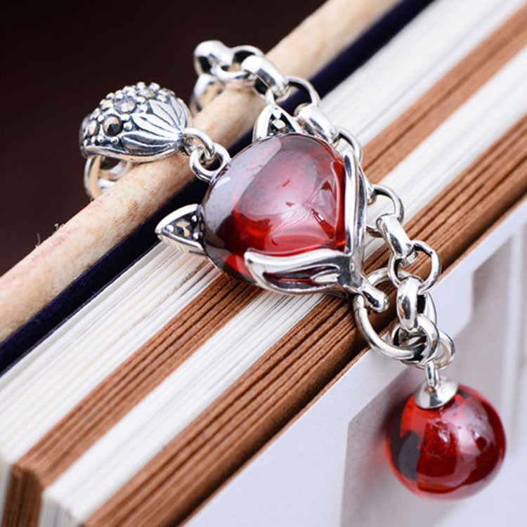 925 Sterling Silver Synthetic Garnet Fox Charm Link Bracelets(B20180411084)