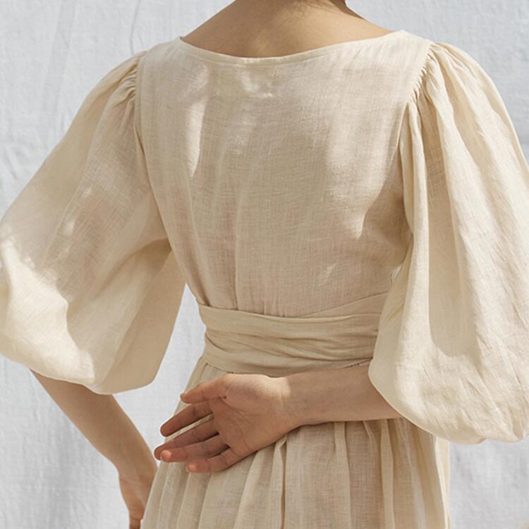 Summer Cotton Linen Women&prime;s Dress Fashion Clothing Ladies Puff Sleeve V-Neck Streetwear Party Casual Long Dress