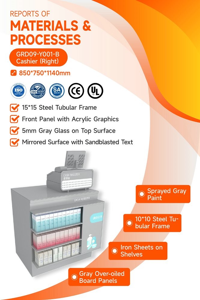 GDR09-Y001-B Retail Display Counter with 5mm Gray Glass and Cash Register Compartment for Mall Booths
