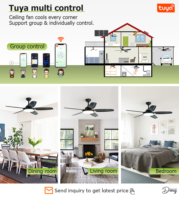 52inch Black ABS Blades 6 Speeds Remote Control LED Ceiling Fan Light with Copper Motor