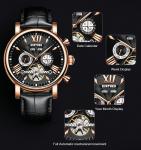 KINYUED J017-3 Gold Case Black Dial Leather Strap Complete Calendar Skeleton