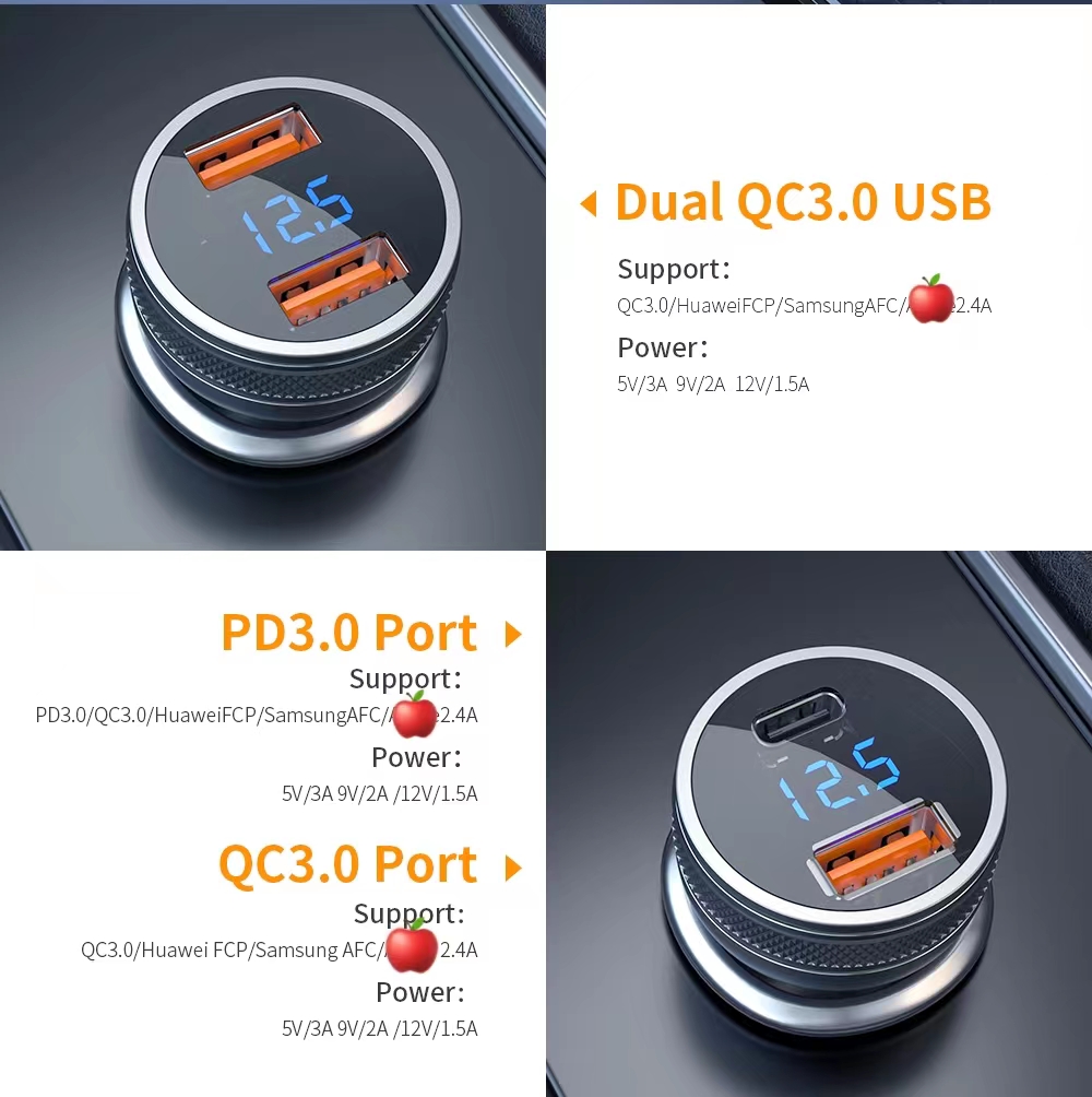 LCD Display USB C PD Car Phone Charger PD QC3.0 Quick Charge 36W