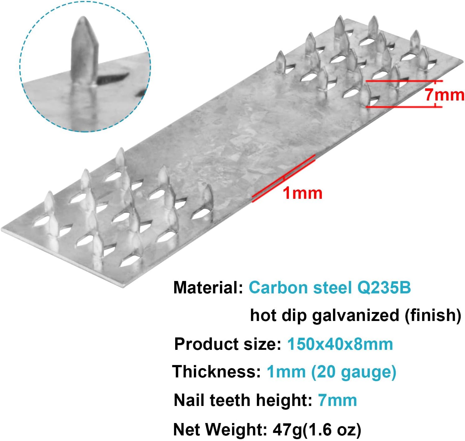 6" x 1 5/8" Pronged Truss Plate Flat Mending Repair Tie Plate Bracket Steel Galvanized for Roofing Trusses Timber Connect