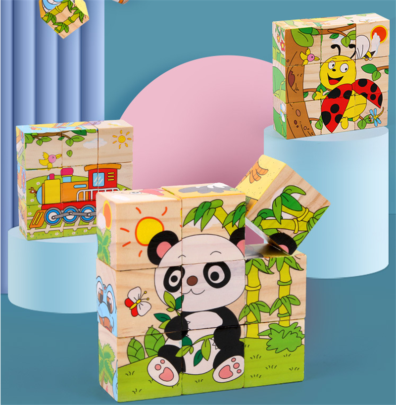 Baby Wooden Block Toys Animal Fruit Early Learning Six Side 3D Cube Jigsaw