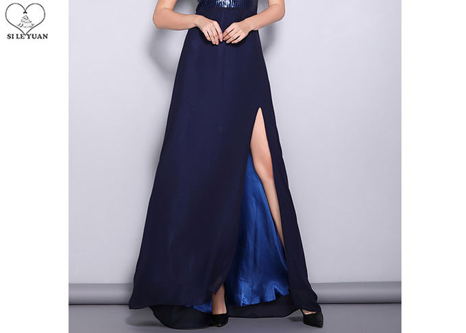 Sequins Navy Blue A Line Dress V Neck Sleeveless With High Slit Chiffon Fabric