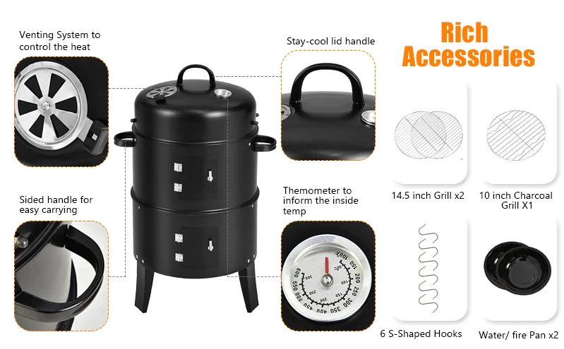 Thermometer Equipped 3-in-1 Vertical Steel Charcoal Smoker for Home Party Celebration