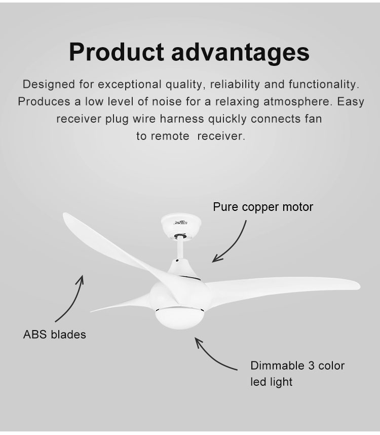 Energy Saving 52 Inch White Ceiling Fan with 3CLR LED Light and 3 ABS Plastic Blade 2-