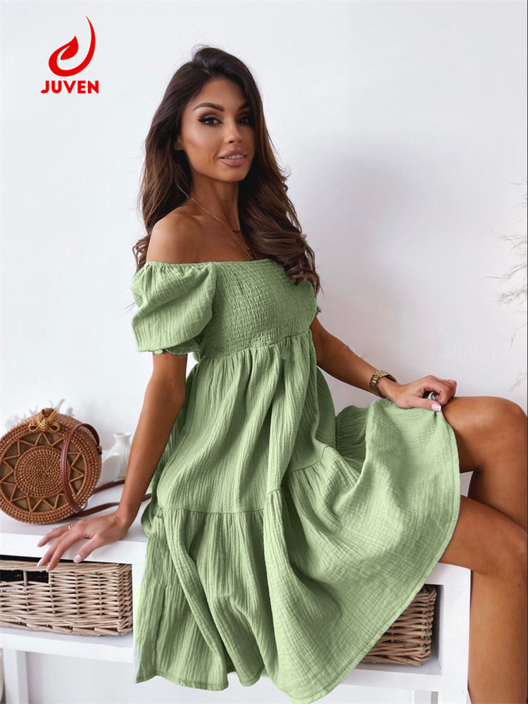 Summer fashion off Shoulder Short Sleeve MIDI Dress Elegant Women&prime;s Clothes Solid Casual Backless Floral Beach Women&prime;s Dresses