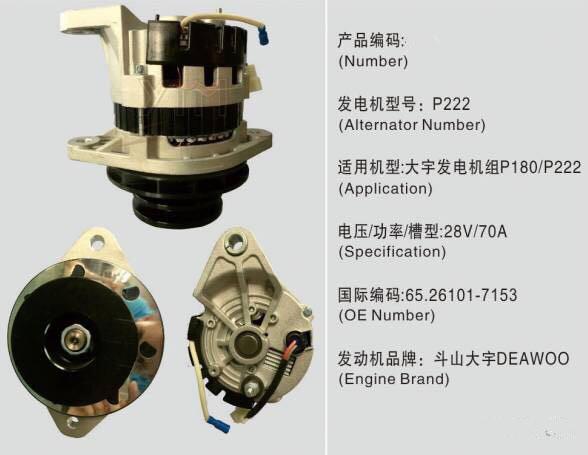 Daewoo Spare Parts Excavator Alternator 65-26101-7153 65261017153 65261017253
