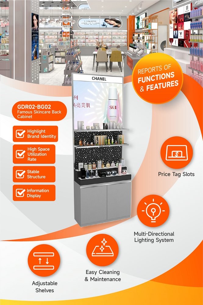 GDR02-BG02 Skincare Display Cabinet with Stainless Steel Tube and 60mm Soft Film Light Box for Fashion Boutiques