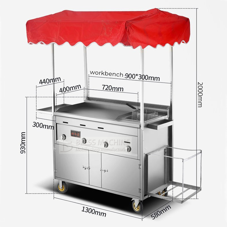 2022 Multipurpose Mobile Stainless Steel Street Food Snack Trolley Handcart Customized