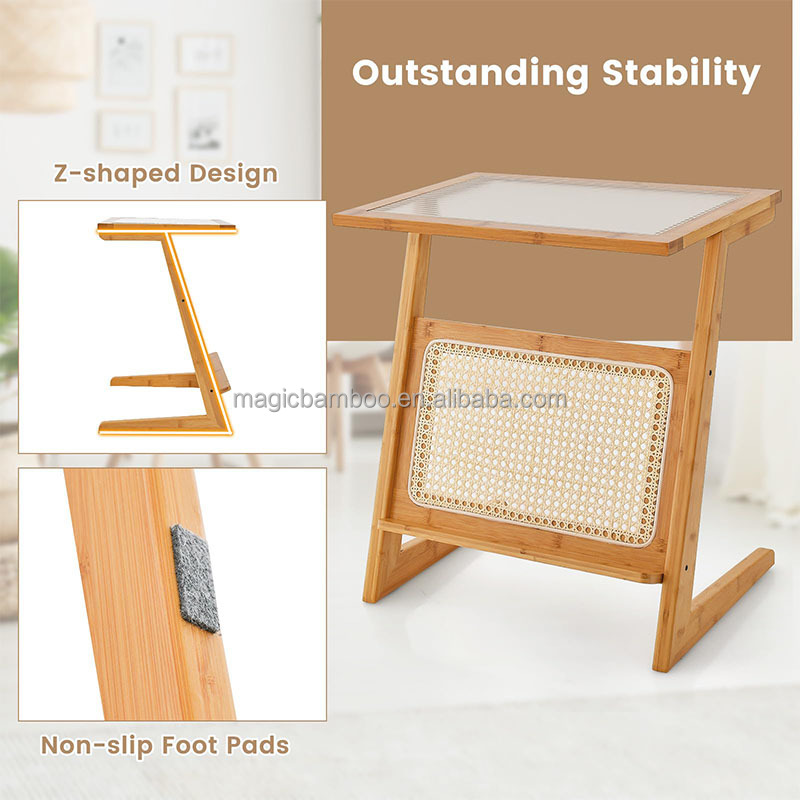 Natural Color Z-Shaped Bamboo And Rattan End Table With Glass Top And Magazine Rack