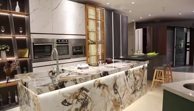 1.6m 304SS Sink Tap Brown Island Kitchen Cabinets Marble Countertops