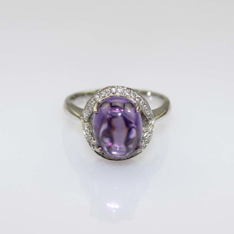 Women Jewelry 925 Silver Ring with Oval Dome Amethyst Cubic Zircon (R195)