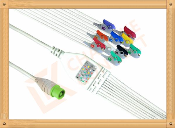 Green NEC One Piece Ecg Accessories Cable10 Lead Clip AHA Durable PU Material