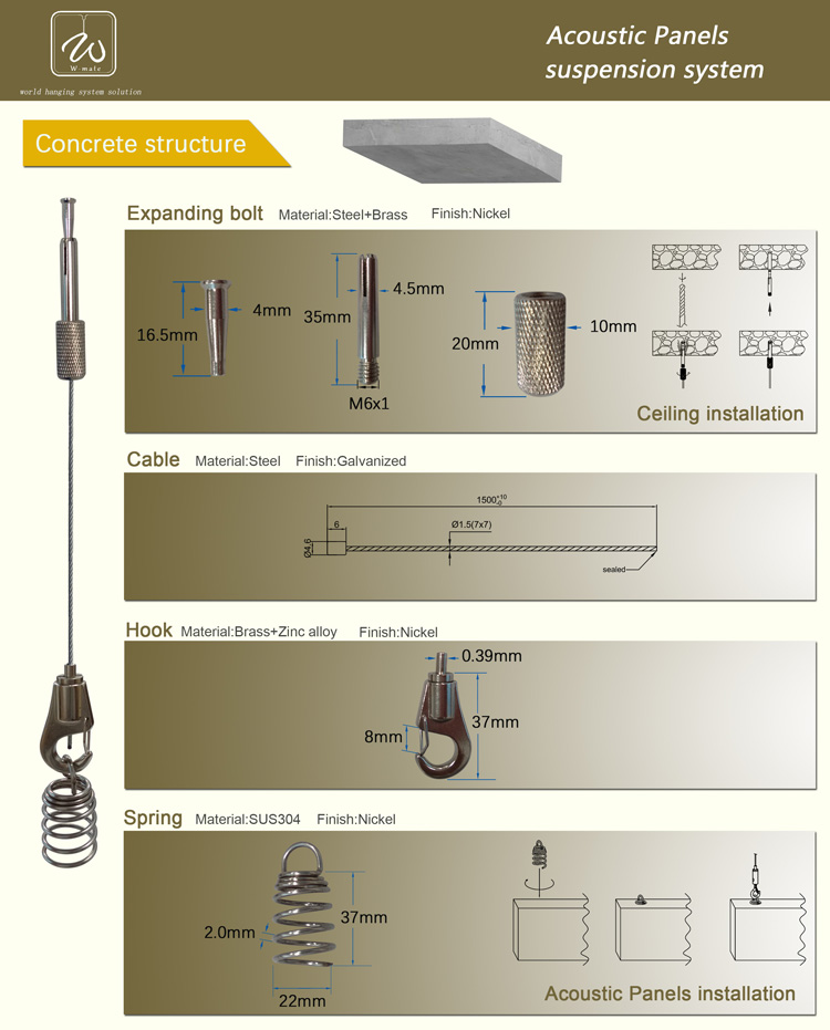 Steel Part Acoustic Panels Lighting Hardware Fittings With Hook Cable Gripper