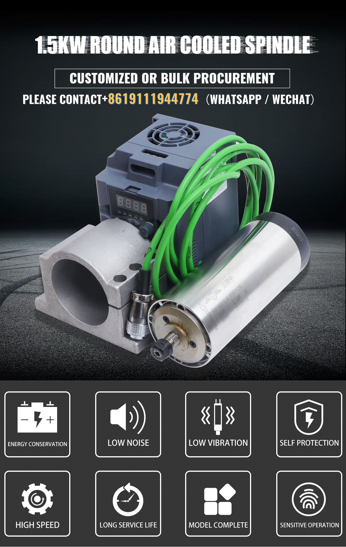 YFK GDZ-80F-1.5 1.5KW Air Cooled CNC Router Spindle Motor Kit with Inverter Holder Bracket