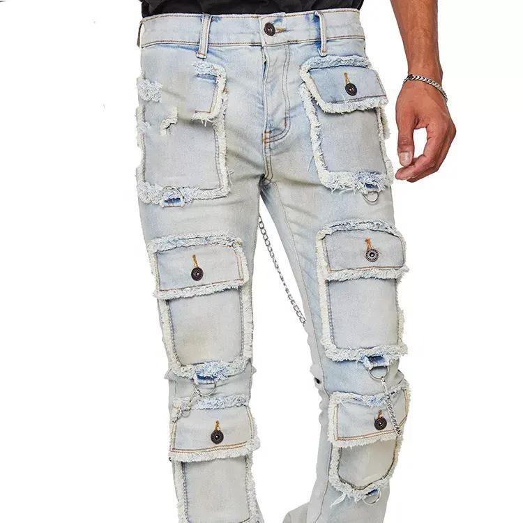 Hot Selling Pants Flared Cotton Men Streetwear Fashion Hip-Hop Loose Straight Cargo Jeans