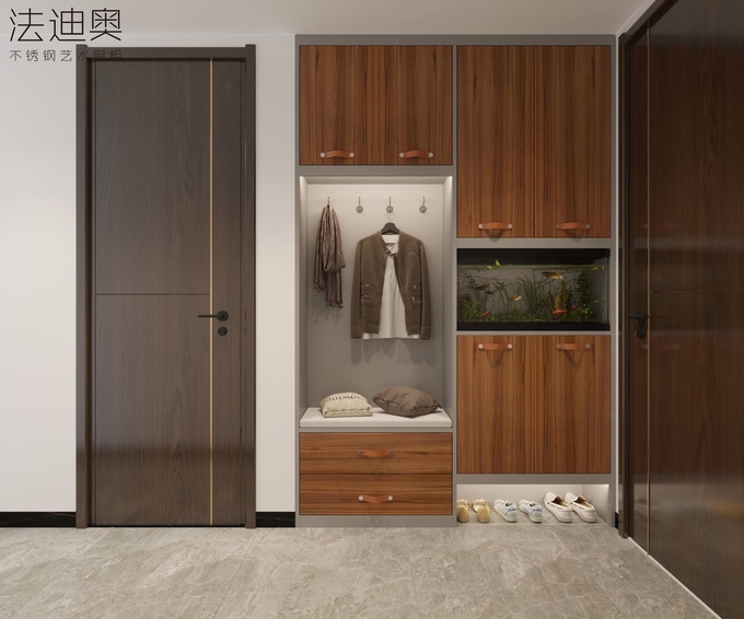 Full-Stainless Steel Shoe Cabinet With Leather Handles And Storage In Warm Walnut Finish